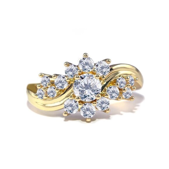💝 Charming Round Clear Zircon Twisted Lines Flower Gold Ring for Women, VIP451 - Picture 2 of 7